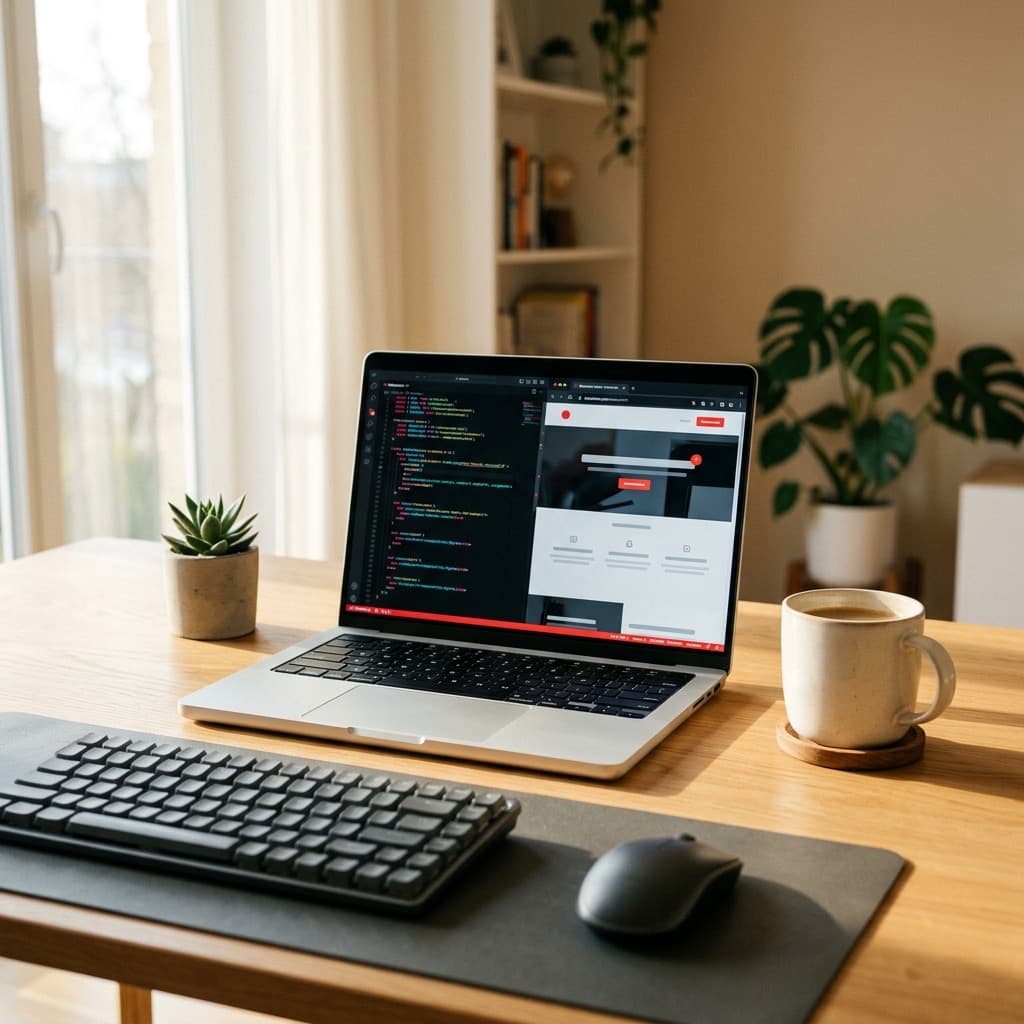 A modern developer workspace with a laptop showing a website preview