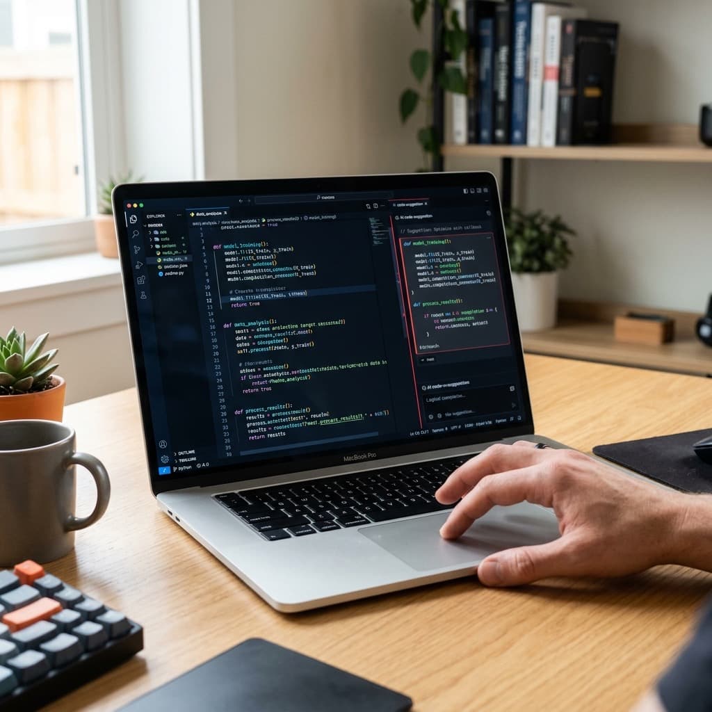 A developer reviewing AI-generated code suggestions on a laptop screen