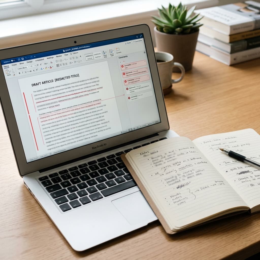 A writer editing an AI-drafted article on a laptop with tracked changes visible