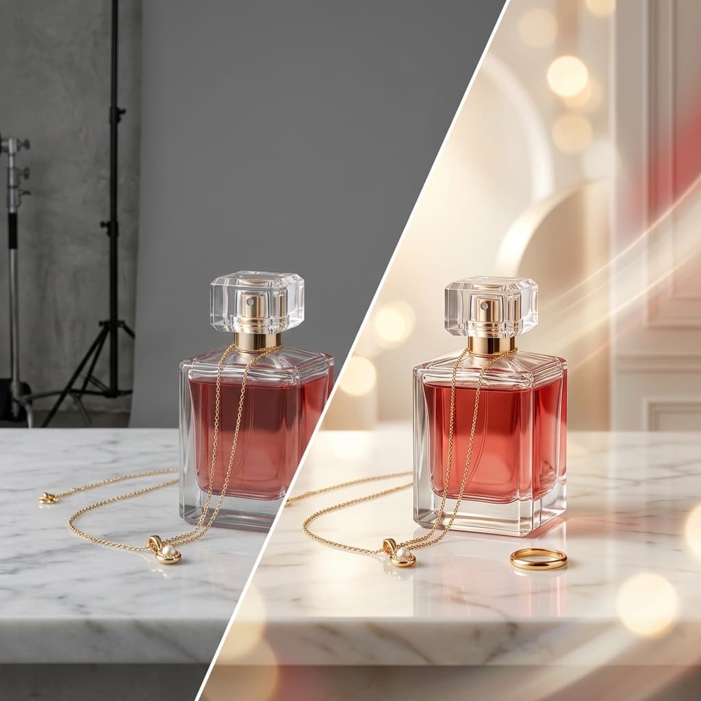 A product photo being edited with a visible AI background-swap effect