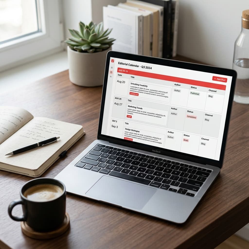 A content calendar on a laptop screen showing scheduled blog posts