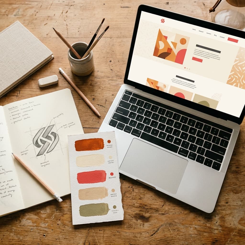 Brand identity materials and a matching website design displayed together on a desk