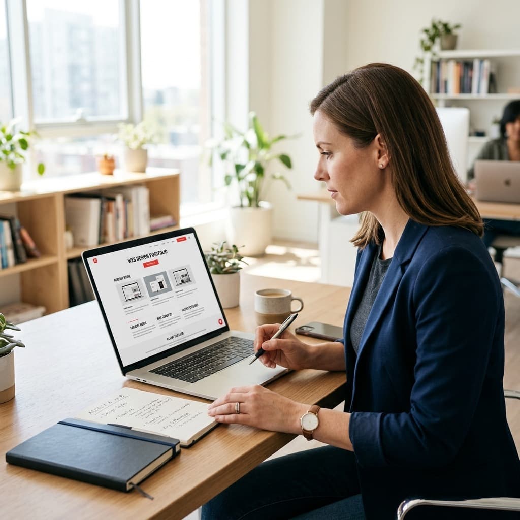 A business owner reviewing an agency portfolio and proposal on a laptop