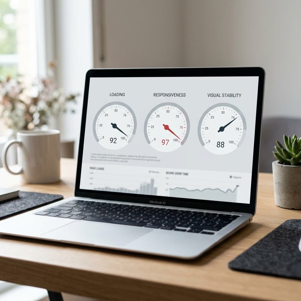 A performance dashboard showing loading, responsiveness, and stability scores