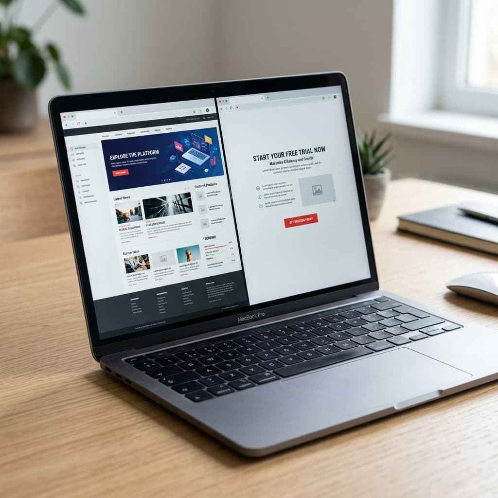 Two side-by-side browser windows comparing a homepage and a focused landing page