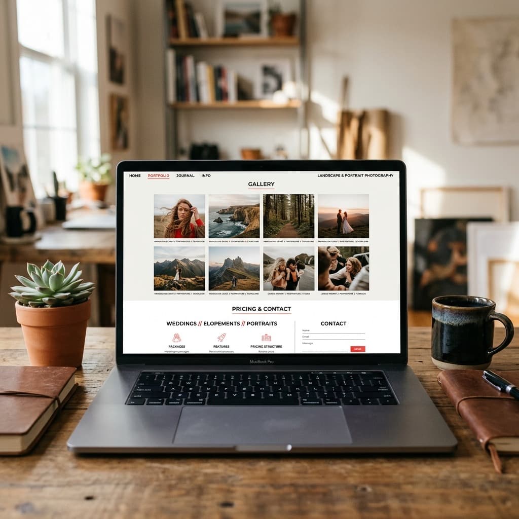 A minimalist photographer portfolio website shown on a laptop with a gallery grid