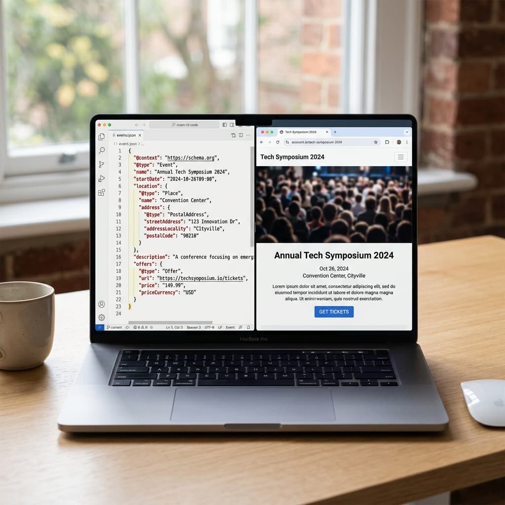 A code editor showing structured data markup next to a browser preview