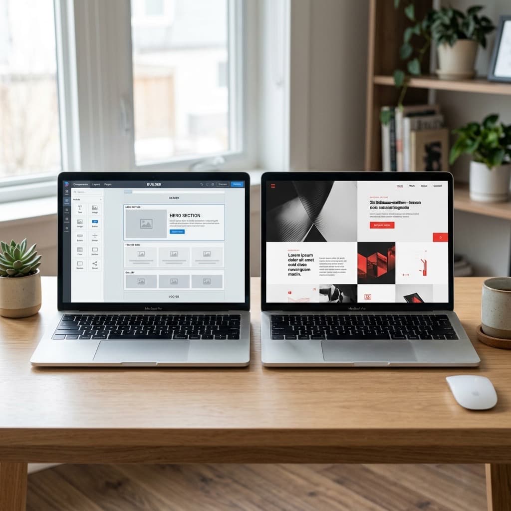 Two laptop screens side by side comparing a template website builder and a custom site