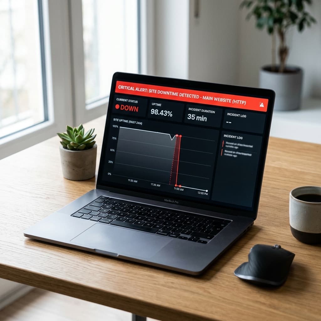 A website monitoring dashboard showing a downtime alert on a laptop screen