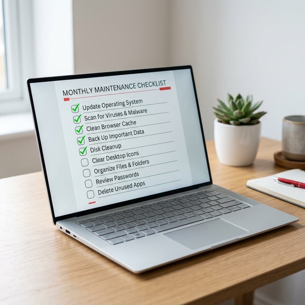 A checklist on a laptop screen showing website maintenance tasks with green checkmarks