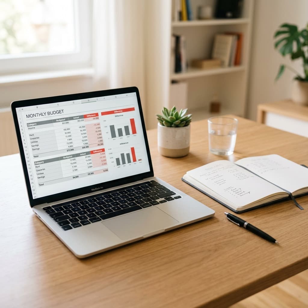 A laptop showing a website budget spreadsheet next to a notebook