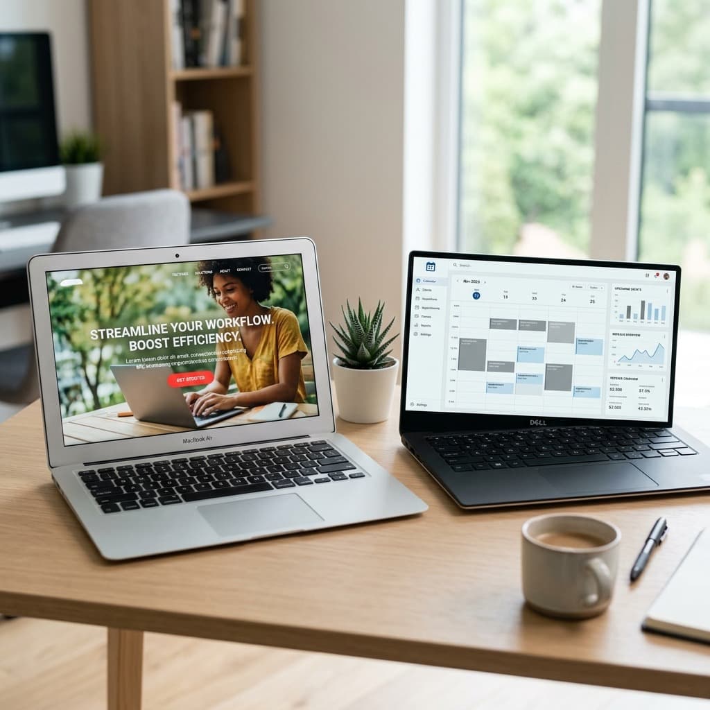 Two laptop screens side by side, one showing a website and one showing an interactive app dashboard
