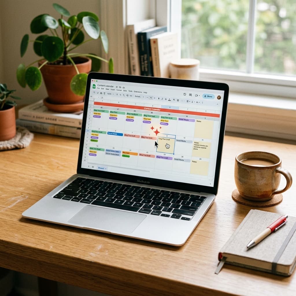 A content calendar with an AI-assist icon, next to a laptop and coffee cup