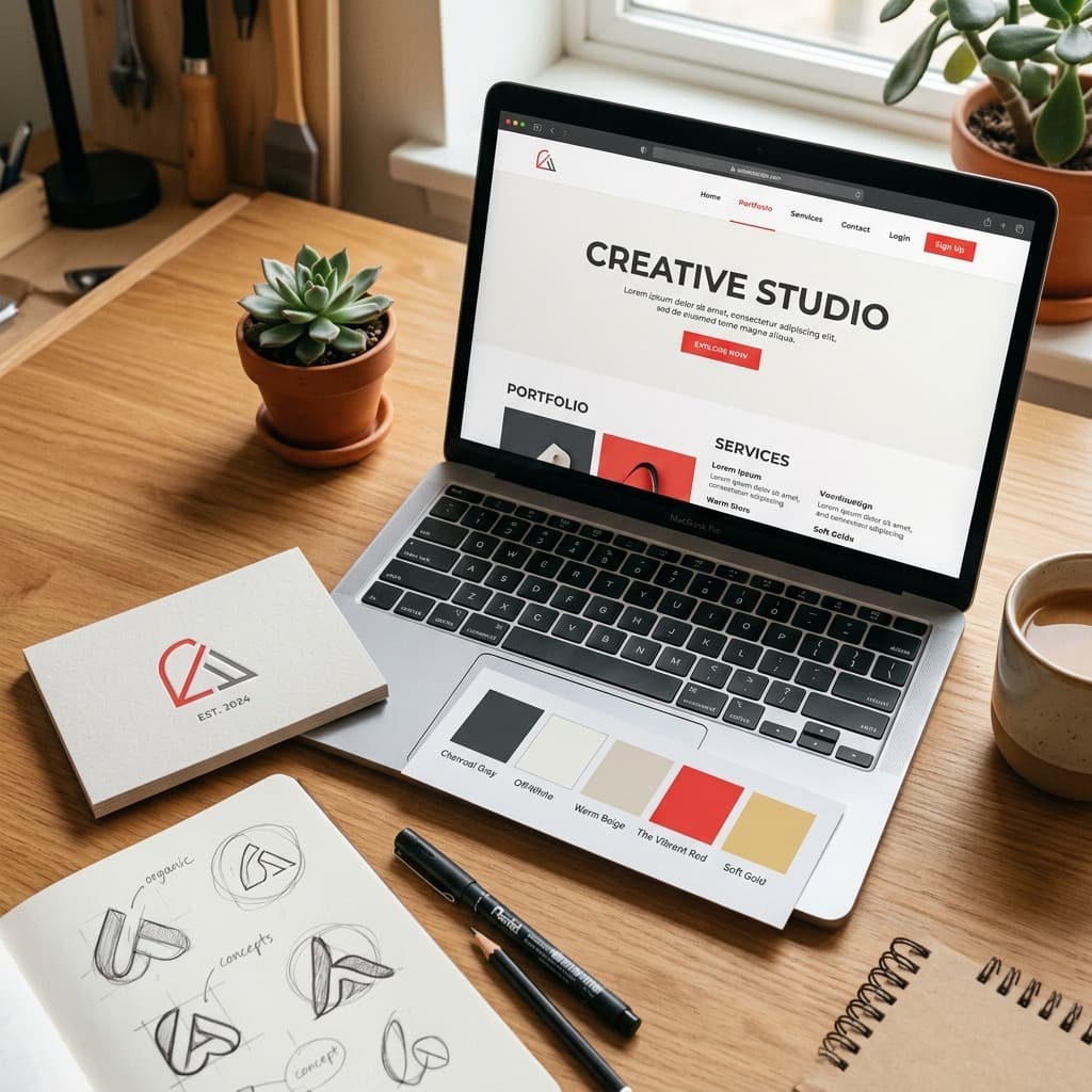 Brand identity materials — logo sketch, color palette, and a matching website — arranged on a desk