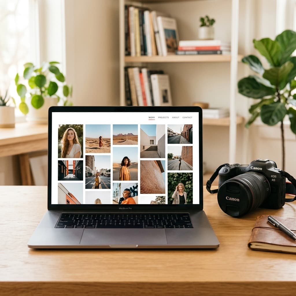 A photographer's minimalist image-first portfolio website on a laptop