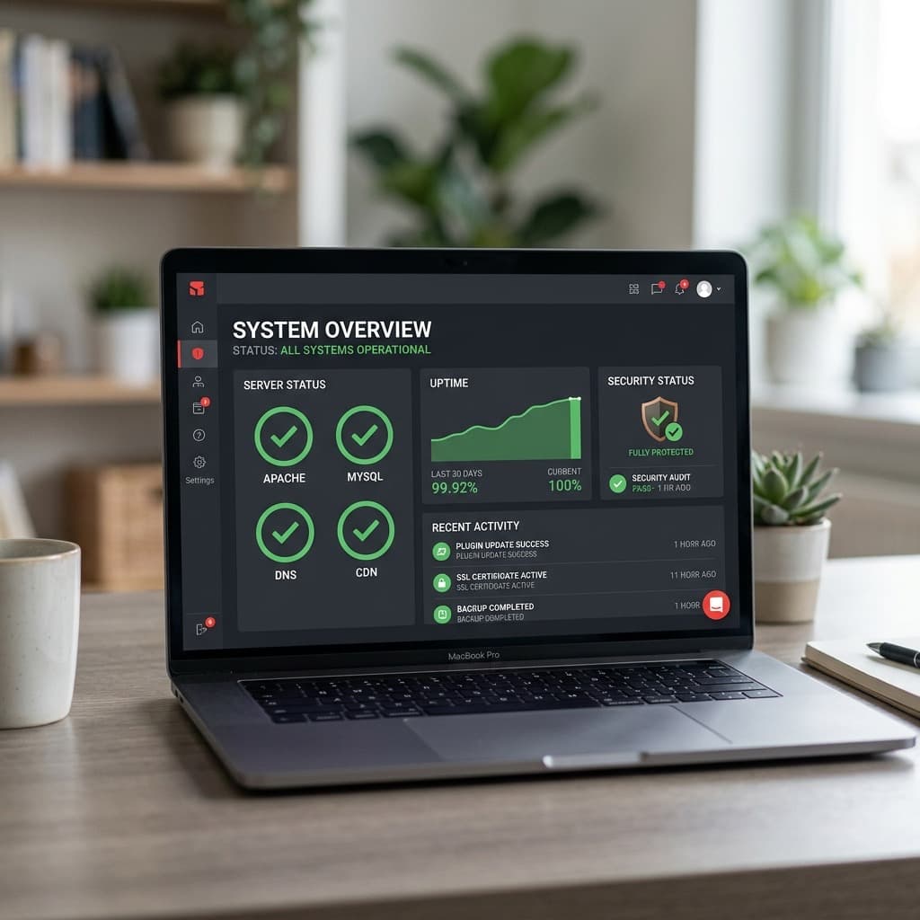 A website monitoring dashboard showing uptime and security status