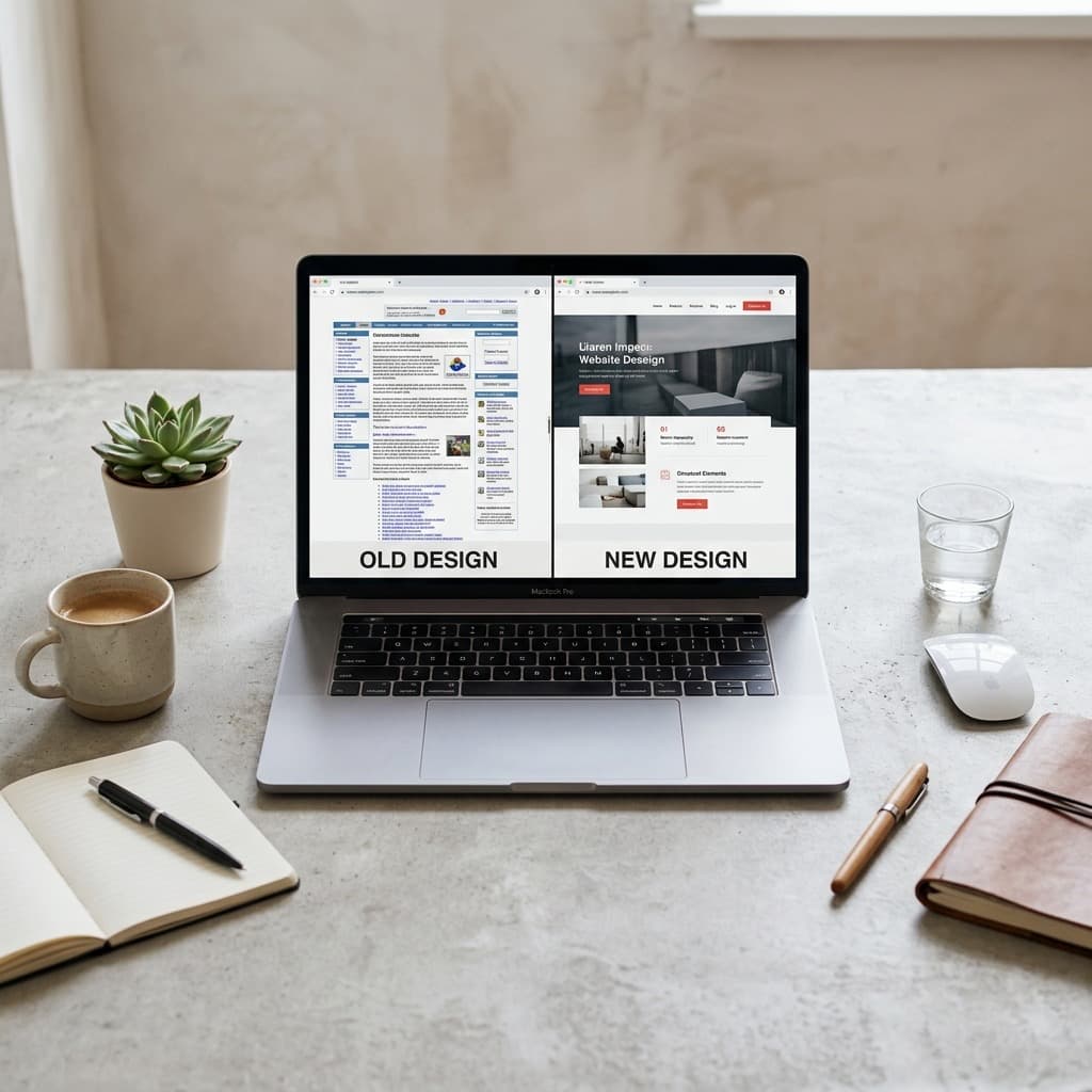Split-screen comparison of an outdated website transforming into a modern redesign